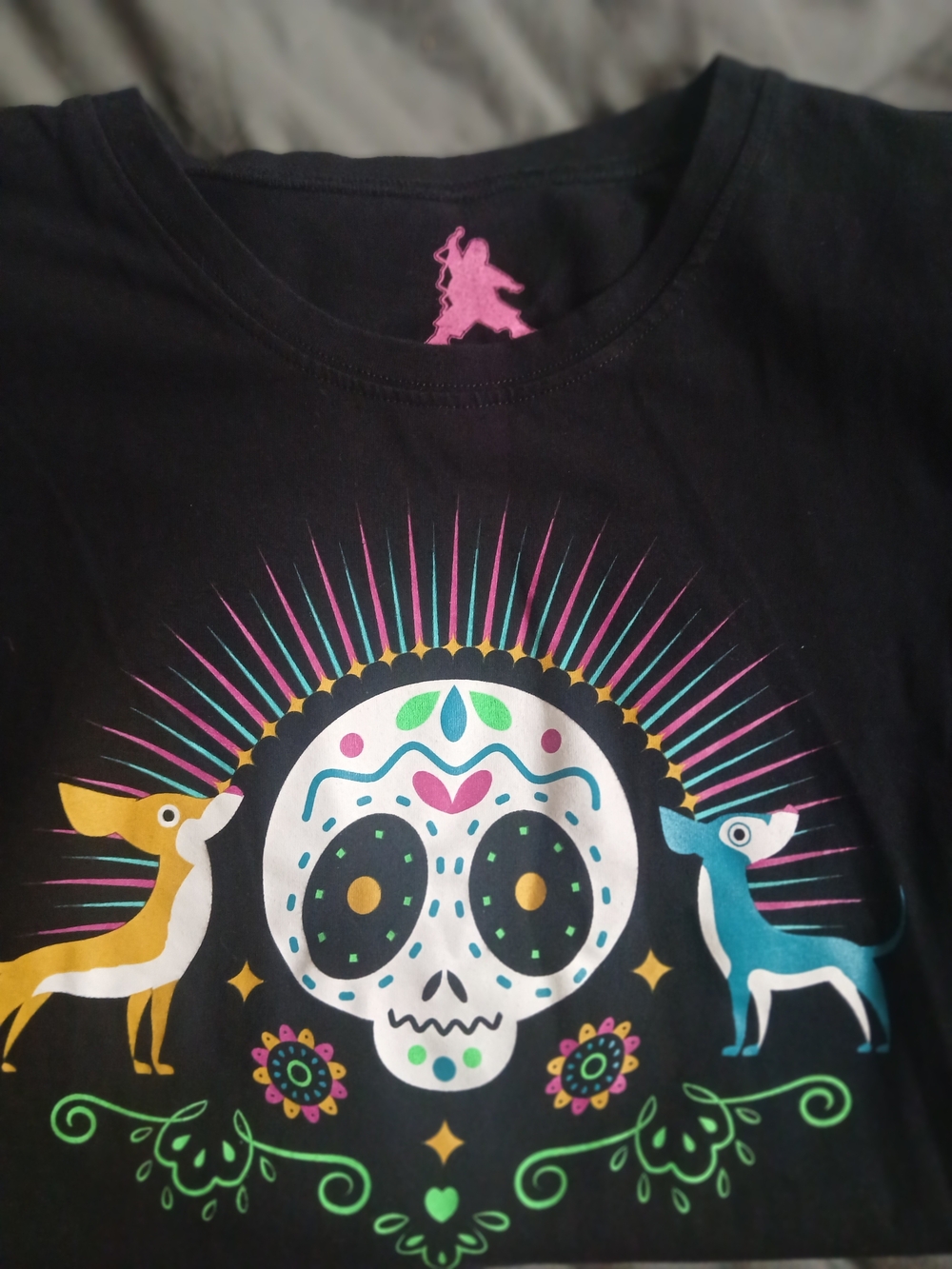 Black Short Sleeve Tee with Colorful Day of the Dead Skull Graphic
